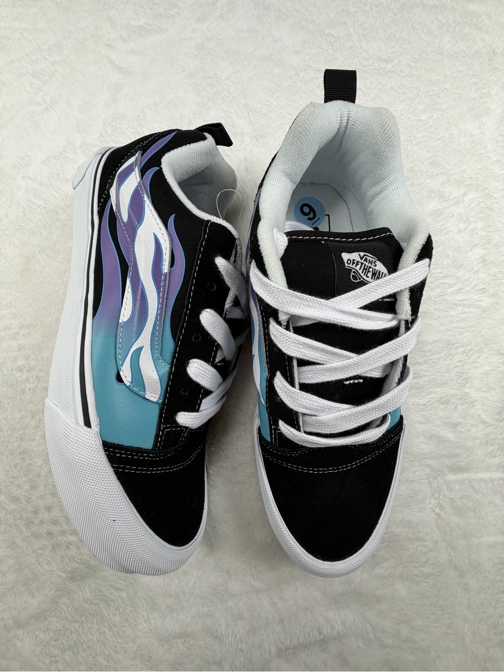 Vans women’s Black Sneakers with Blue & Purple Flame Accent
